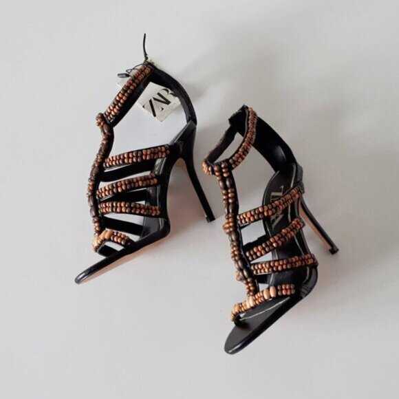 NWT Zara black & brown beaded open toe heeled strappy gladiator sandal, 6 - Picture 7 of 12